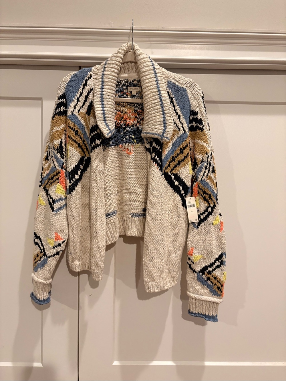 Pilcro Cream Shawl Collar Cardigan with Blue, Black and Tan Geometric Accents